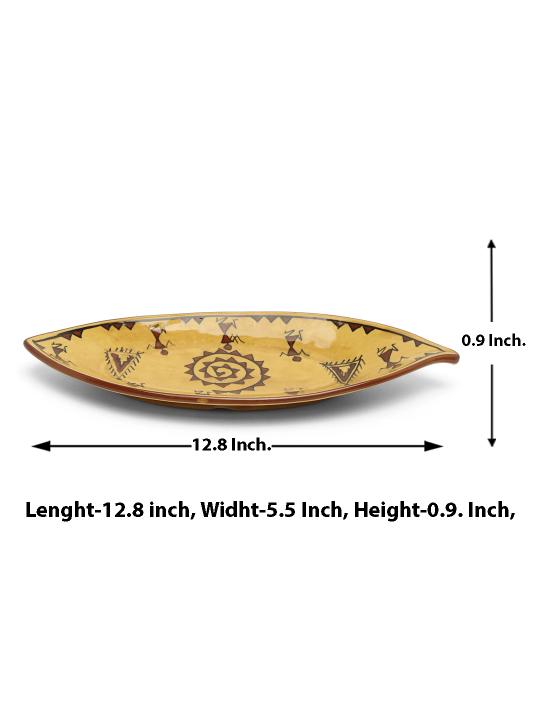 Shilpkara The Madhubani Tales Handpainted Apetizer Chip-N-Dip Snacks Serving Ceramic Platter for Dining Table (Set of 2, Microwave Safe, Dishwasher Safe)