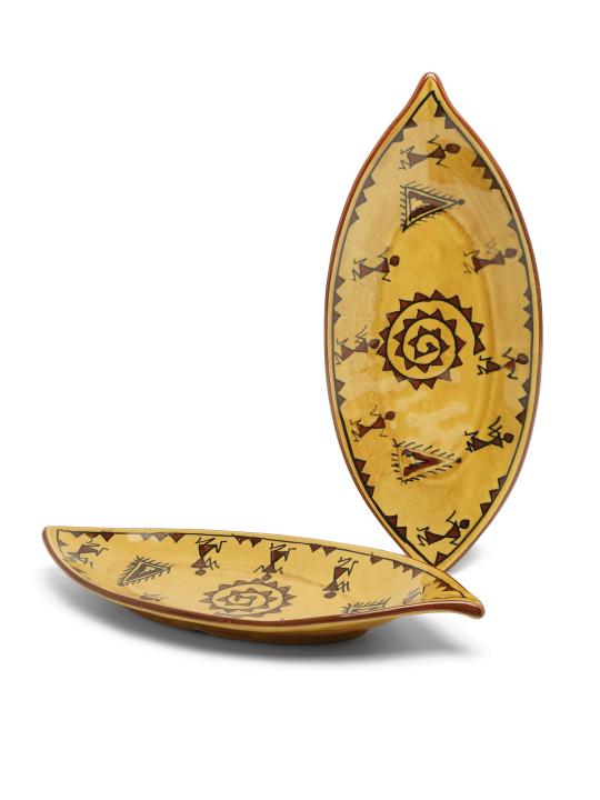 Shilpkara The Madhubani Tales Handpainted Apetizer Chip-N-Dip Snacks Serving Ceramic Platter for Dining Table (Set of 2, Microwave Safe, Dishwasher Safe)