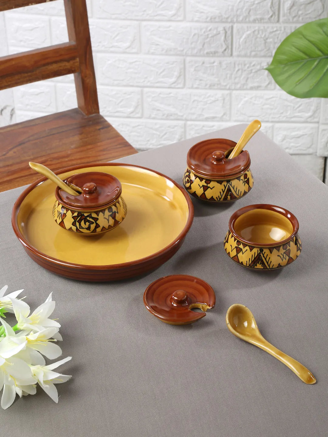 Shilpkara "The Madhubani Tales" Handpainted Multi-Purpose  Refreshment Serveware Ceramic Pickle Jars Set for Dining Table