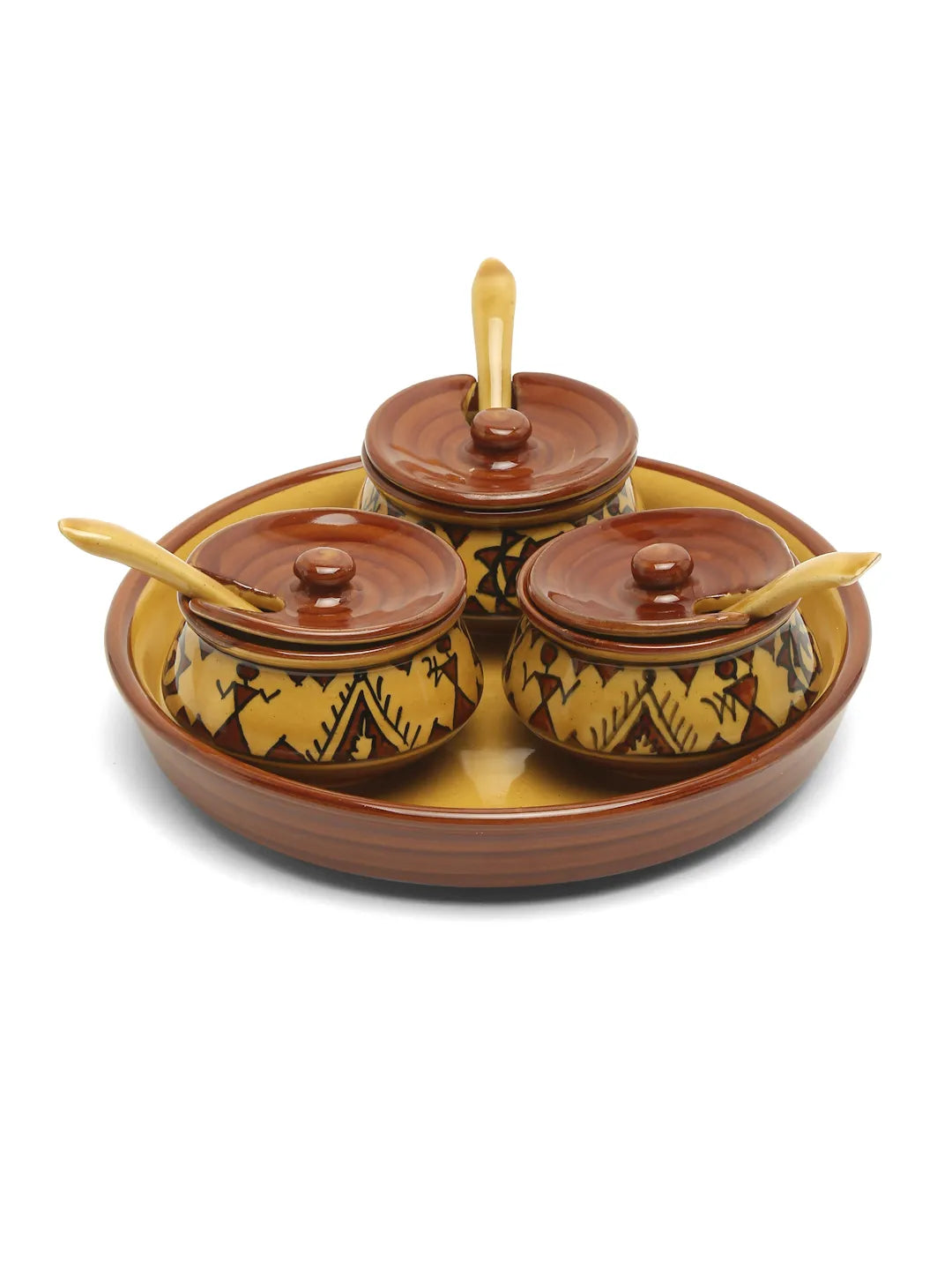 Shilpkara "The Madhubani Tales" Handpainted Multi-Purpose  Refreshment Serveware Ceramic Pickle Jars Set for Dining Table