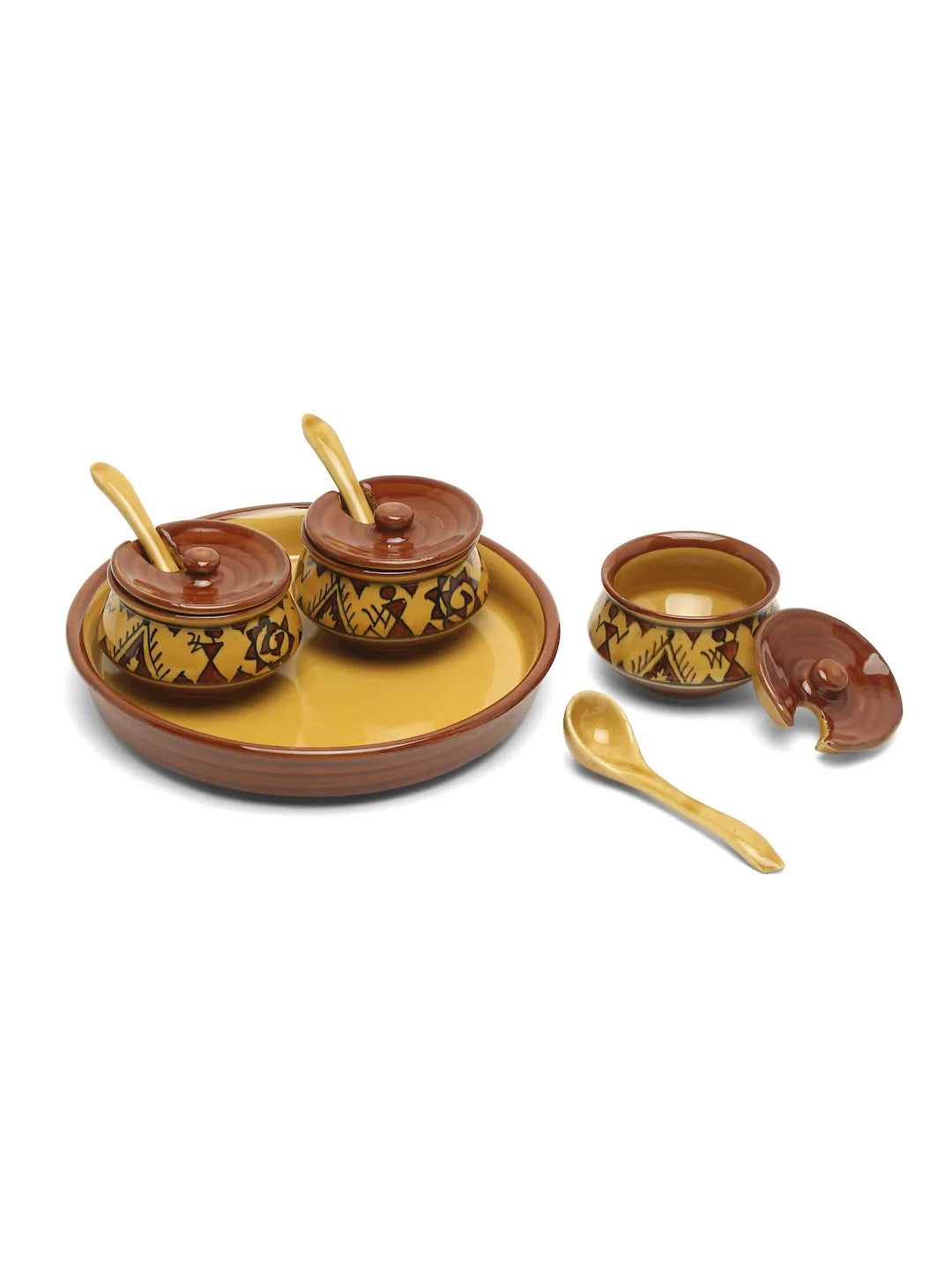 Shilpkara "The Madhubani Tales" Handpainted Multi-Purpose  Refreshment Serveware Ceramic Pickle Jars Set for Dining Table