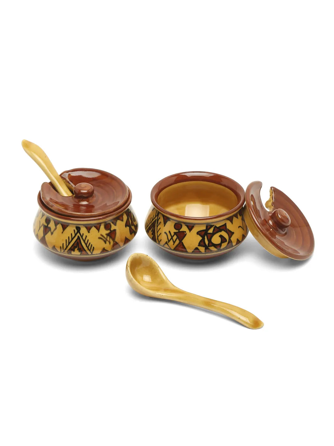 Shilpkara "The Madhubani Tales" Handpainted Multi-Purpose  Refreshment Serveware Ceramic Pickle Jars Set for Dining Table