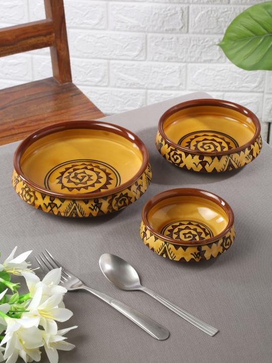 Shilpkara The Madhubani Tales Handpainted Ceramic Serving Donga Set Dinner Serving Casserole Set Serving Set Stackable Bowl Set (Set of 3)