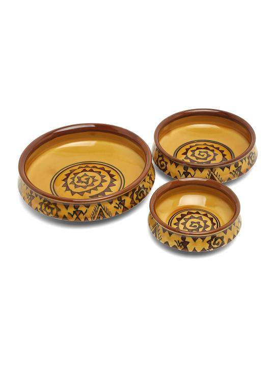 Shilpkara The Madhubani Tales Handpainted Ceramic Serving Donga Set Dinner Serving Casserole Set Serving Set Stackable Bowl Set (Set of 3)