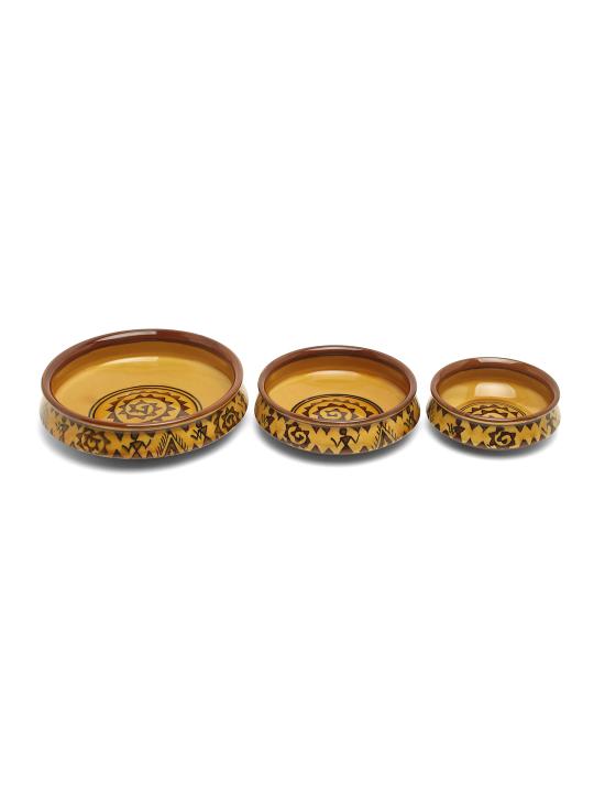 Shilpkara The Madhubani Tales Handpainted Ceramic Serving Donga Set Dinner Serving Casserole Set Serving Set Stackable Bowl Set (Set of 3)