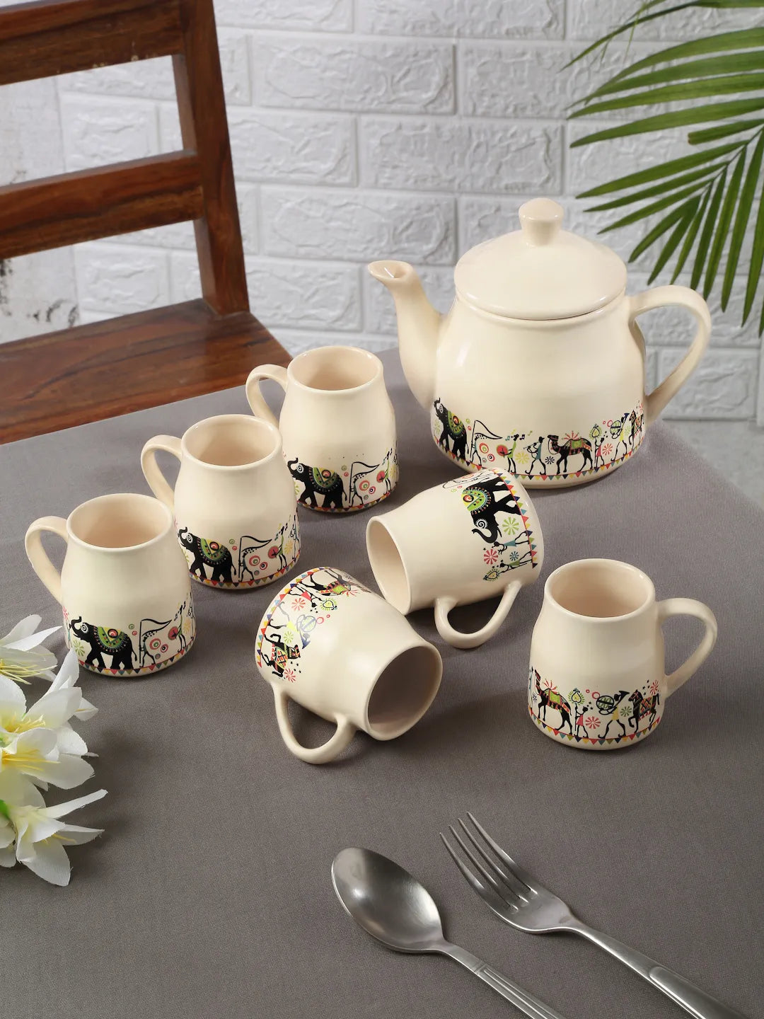 Shilpkara "Traces of the Ancient" Handcrafted Ceramic Coffee Cup Milk  Pot Tea Mug & Kettle Tea Set (1 Kettle & 6 Tea Cups, Microwave Safe, Dishwasher Safe)