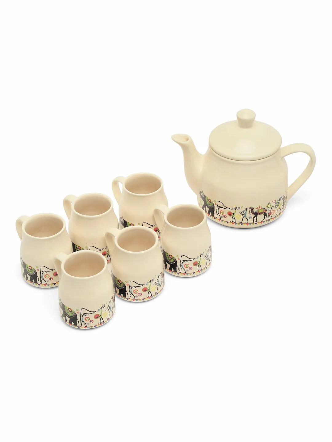 Shilpkara "Traces of the Ancient" Handcrafted Ceramic Coffee Cup Milk  Pot Tea Mug & Kettle Tea Set (1 Kettle & 6 Tea Cups, Microwave Safe, Dishwasher Safe)