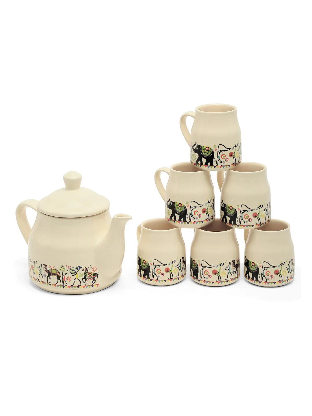 Shilpkara "Traces of the Ancient" Handcrafted Ceramic Coffee Cup Milk  Pot Tea Mug & Kettle Tea Set (1 Kettle & 6 Tea Cups, Microwave Safe, Dishwasher Safe)