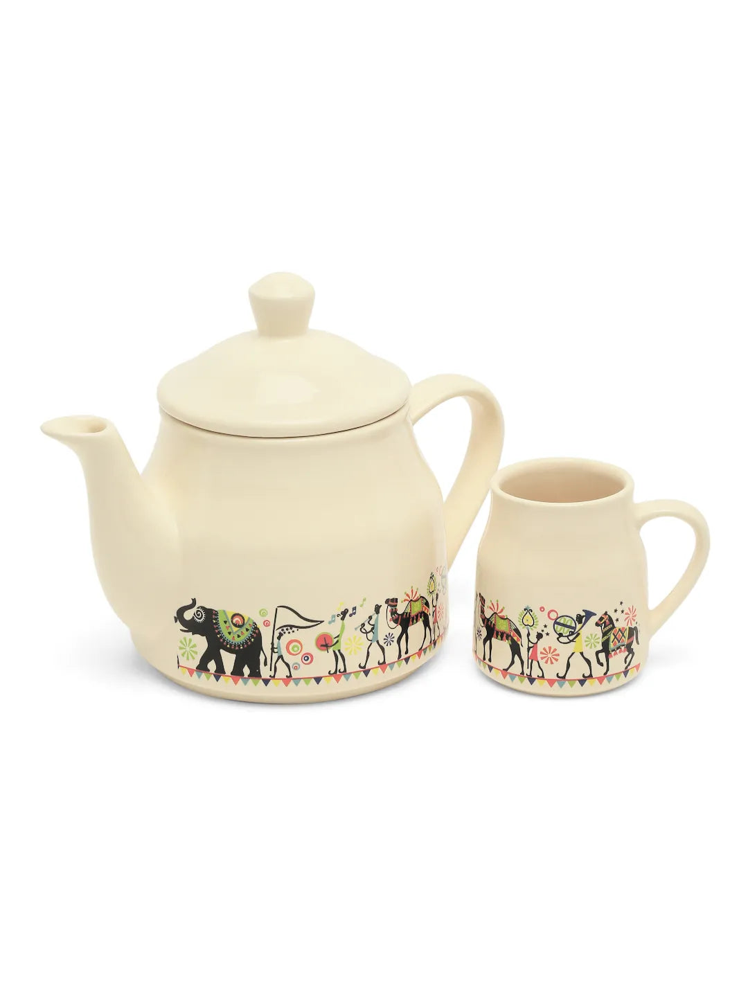Shilpkara "Traces of the Ancient" Handcrafted Ceramic Coffee Cup Milk  Pot Tea Mug & Kettle Tea Set (1 Kettle & 6 Tea Cups, Microwave Safe, Dishwasher Safe)