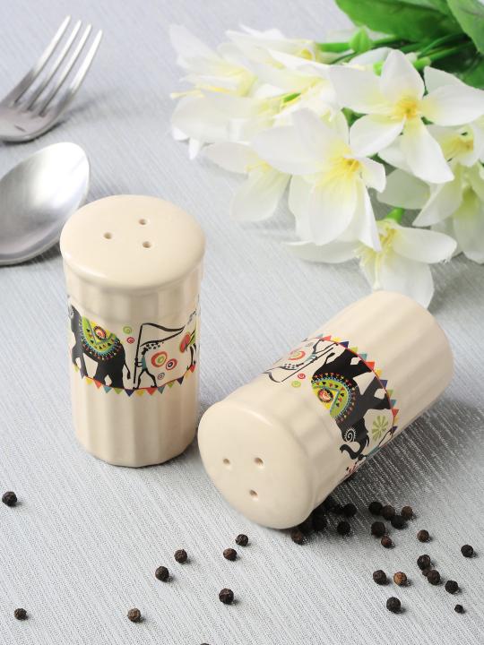 Shilpkara Traces of The Ancient Handcrafted Ceramic Salt Pepper Set for Dining Table Salt and Pepper Shakers (Set of 2, 100 ML)