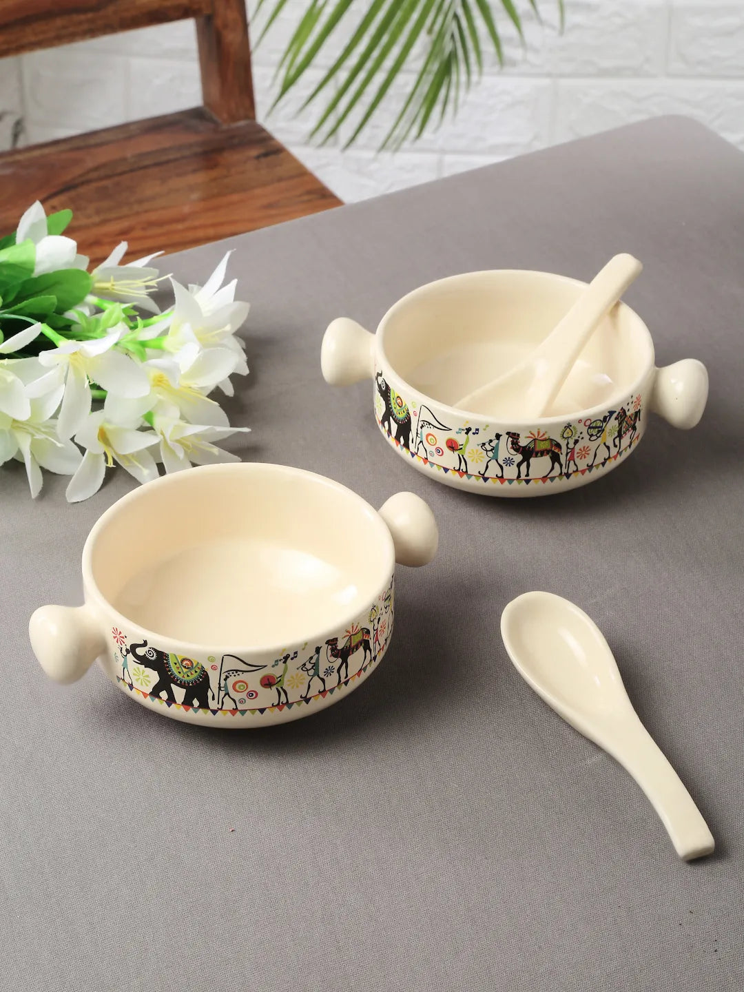 Shilpkara Traces of The Ancient Handcrafted Ceramic Soup Bowl Set with  Spoon Ceramic Bowl Soup Cups (Set of 2, 400 ML, Microwave Safe, Dishwasher Safe)