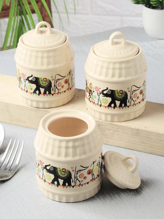 Shilpkara Traces of The Ancient Handcrafted Multi-Purpose Ceramic Pickle Jar Set Ceramic Jars for Kitchen Storage & Pickle Containers for Dining Table (Set of 3, 300 ML, Microwave Safe)