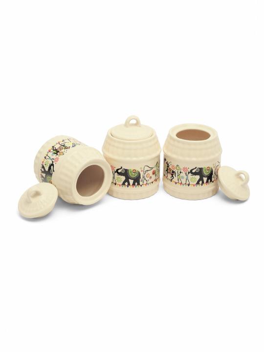 Shilpkara Traces of The Ancient Handcrafted Multi-Purpose Ceramic Pickle Jar Set Ceramic Jars for Kitchen Storage & Pickle Containers for Dining Table (Set of 3, 300 ML, Microwave Safe)