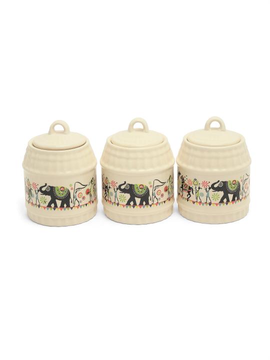 Shilpkara Traces of The Ancient Handcrafted Multi-Purpose Ceramic Pickle Jar Set Ceramic Jars for Kitchen Storage & Pickle Containers for Dining Table (Set of 3, 300 ML, Microwave Safe)