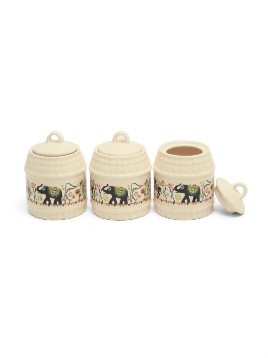 Shilpkara Traces of The Ancient Handcrafted Multi-Purpose Ceramic Pickle Jar Set Ceramic Jars for Kitchen Storage & Pickle Containers for Dining Table (Set of 3, 300 ML, Microwave Safe)