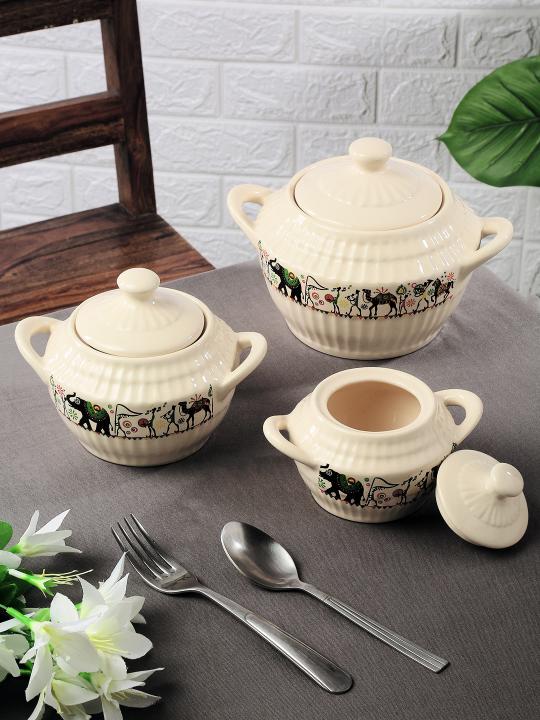 Shilpkara Traces of The Ancient Handcrafted Ceramic Serving Donga Set with Lid Dinner Serving Casserole Set Serving Set Stackable Bowl Set with Lid (Set of 3)