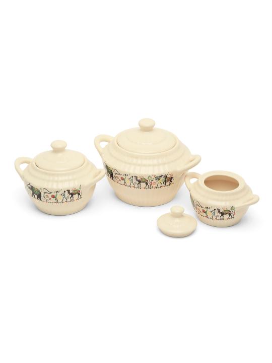 Shilpkara Traces of The Ancient Handcrafted Ceramic Serving Donga Set with Lid Dinner Serving Casserole Set Serving Set Stackable Bowl Set with Lid (Set of 3)