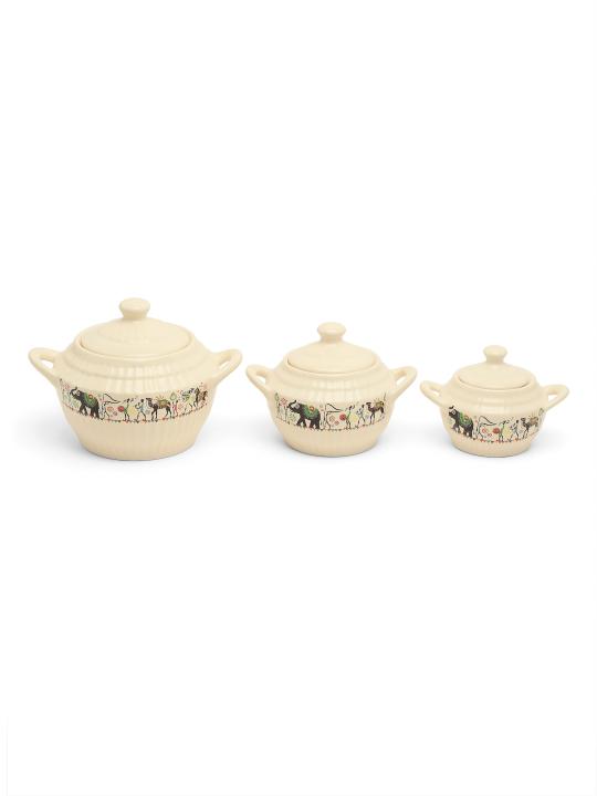 Shilpkara Traces of The Ancient Handcrafted Ceramic Serving Donga Set with Lid Dinner Serving Casserole Set Serving Set Stackable Bowl Set with Lid (Set of 3)
