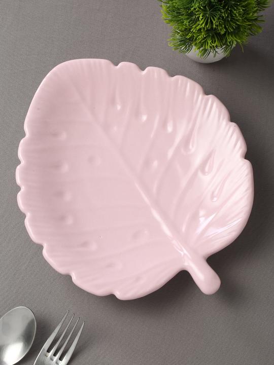 Shilpkara The Leaf Shade Handcrafted Apetizer Chip-N-Dip Snacks Serving Ceramic Platter for Dining Table (Set of 2, Microwave Safe, Dishwasher Safe)