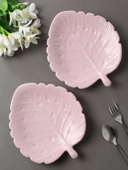 Shilpkara The Leaf Shade Handcrafted Apetizer Chip-N-Dip Snacks Serving Ceramic Platter for Dining Table (Set of 2, Microwave Safe, Dishwasher Safe)