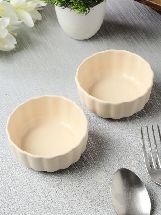 Shilpkara The Ivory Mist Handcrafted Ceramic Serving Chutney Bowls & Pickle Bowls, Ceramic Katoris Chip and Dip Set for Kitchen Ketchup Sauce Bowl (Set of 2)