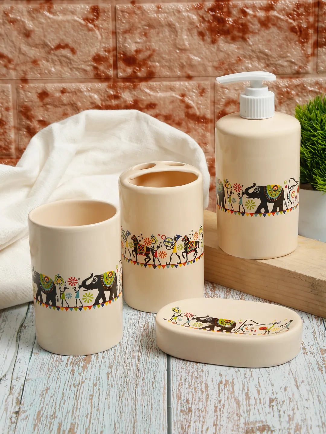 Shilpkara "Traces of the Ancient" Handcrafted Ceramic Bathroom  Accessories Set of 4 (Liquid Soap Dispenser, Soap Dish, Toothbrush Holder, Tumbler)