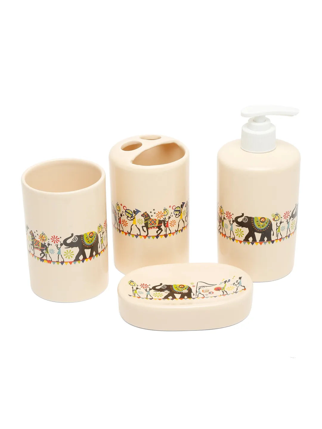 Shilpkara "Traces of the Ancient" Handcrafted Ceramic Bathroom  Accessories Set of 4 (Liquid Soap Dispenser, Soap Dish, Toothbrush Holder, Tumbler)