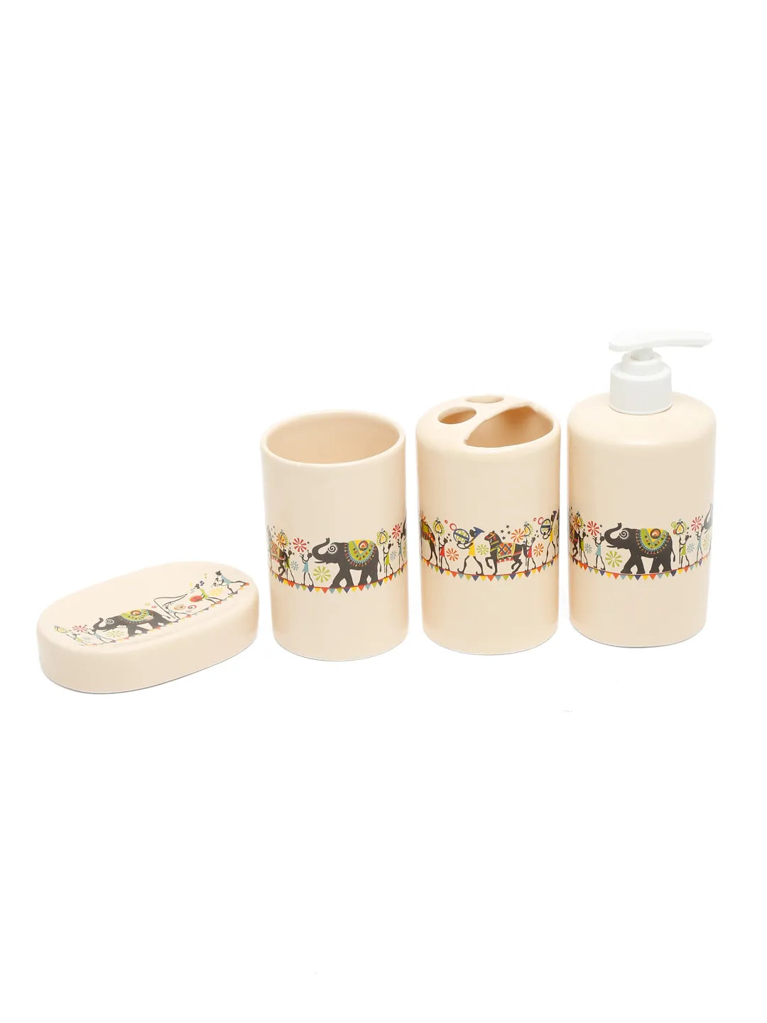Shilpkara "Traces of the Ancient" Handcrafted Ceramic Bathroom  Accessories Set of 4 (Liquid Soap Dispenser, Soap Dish, Toothbrush Holder, Tumbler)