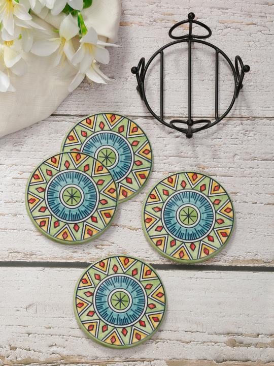 Shilpkara Magnificient Mandala Handpainted Coffee and Tea Coasters for Office with Stand (Set of 4, Ceramic) - Coasters for Coffee Table Wooden Coasters for Home Set of 4 Dining Table Coasters