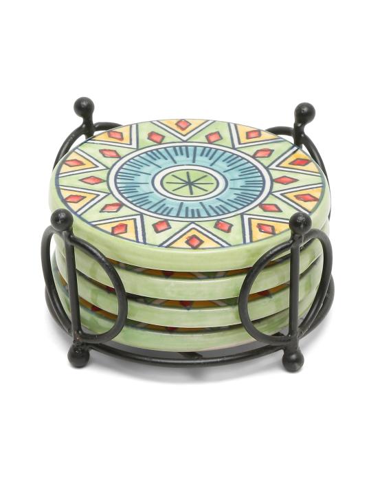 Shilpkara Magnificient Mandala Handpainted Coffee and Tea Coasters for Office with Stand (Set of 4, Ceramic) - Coasters for Coffee Table Wooden Coasters for Home Set of 4 Dining Table Coasters