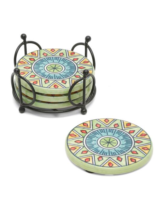 Shilpkara Magnificient Mandala Handpainted Coffee and Tea Coasters for Office with Stand (Set of 4, Ceramic) - Coasters for Coffee Table Wooden Coasters for Home Set of 4 Dining Table Coasters