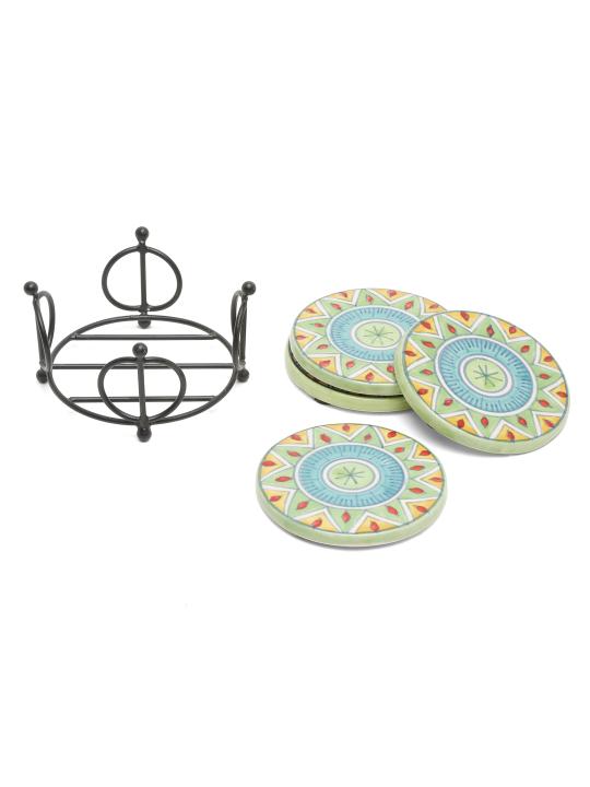 Shilpkara Magnificient Mandala Handpainted Coffee and Tea Coasters for Office with Stand (Set of 4, Ceramic) - Coasters for Coffee Table Wooden Coasters for Home Set of 4 Dining Table Coasters