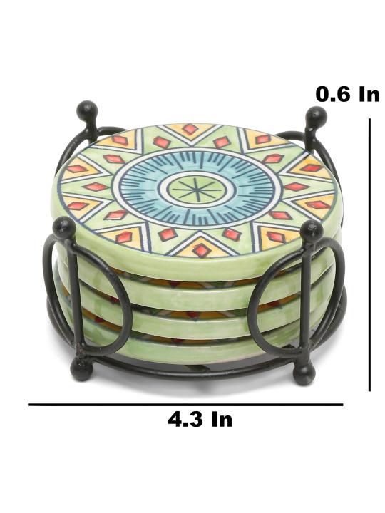 Shilpkara Magnificient Mandala Handpainted Coffee and Tea Coasters for Office with Stand (Set of 4, Ceramic) - Coasters for Coffee Table Wooden Coasters for Home Set of 4 Dining Table Coasters