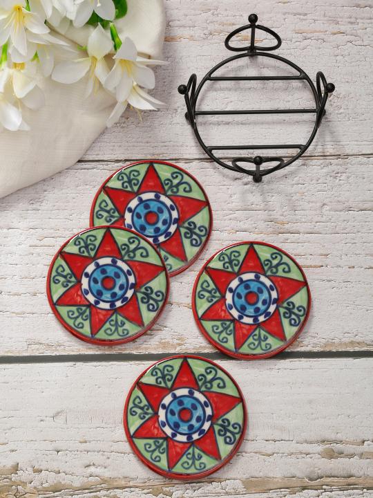 Shilpkara Celestial Stars Handpainted Coffee and Tea Coasters for Office with Stand (Set of 4, Ceramic) - Coasters for Coffee Table Wooden Coasters for Home Set of 4 Dining Table Coasters