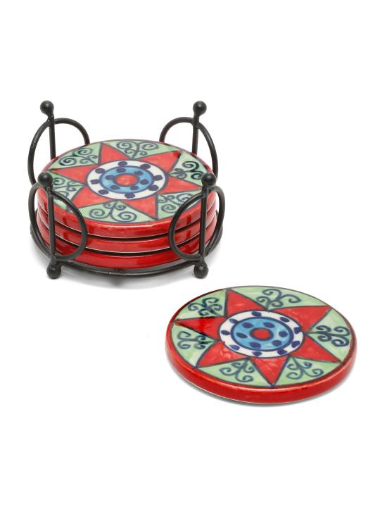Shilpkara Celestial Stars Handpainted Coffee and Tea Coasters for Office with Stand (Set of 4, Ceramic) - Coasters for Coffee Table Wooden Coasters for Home Set of 4 Dining Table Coasters