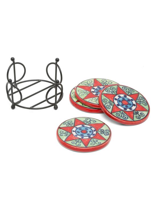 Shilpkara Celestial Stars Handpainted Coffee and Tea Coasters for Office with Stand (Set of 4, Ceramic) - Coasters for Coffee Table Wooden Coasters for Home Set of 4 Dining Table Coasters