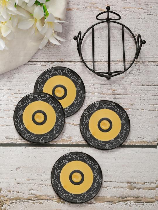 Shilpkara Concentirc Circles Handpainted Coffee and Tea Coasters for Office with Stand (Set of 4, Ceramic) - Coasters for Coffee Table Wooden Coasters for Home Set of 4 Dining Table Coasters
