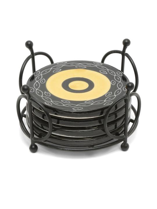 Shilpkara Concentirc Circles Handpainted Coffee and Tea Coasters for Office with Stand (Set of 4, Ceramic) - Coasters for Coffee Table Wooden Coasters for Home Set of 4 Dining Table Coasters
