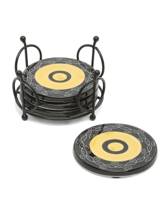 Shilpkara Concentirc Circles Handpainted Coffee and Tea Coasters for Office with Stand (Set of 4, Ceramic) - Coasters for Coffee Table Wooden Coasters for Home Set of 4 Dining Table Coasters