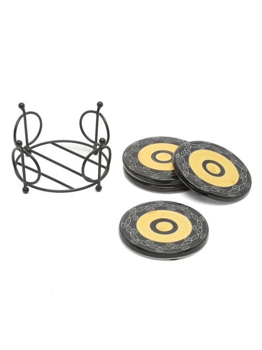 Shilpkara Concentirc Circles Handpainted Coffee and Tea Coasters for Office with Stand (Set of 4, Ceramic) - Coasters for Coffee Table Wooden Coasters for Home Set of 4 Dining Table Coasters