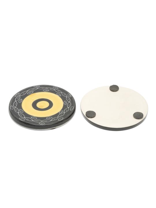 Shilpkara Concentirc Circles Handpainted Coffee and Tea Coasters for Office with Stand (Set of 4, Ceramic) - Coasters for Coffee Table Wooden Coasters for Home Set of 4 Dining Table Coasters
