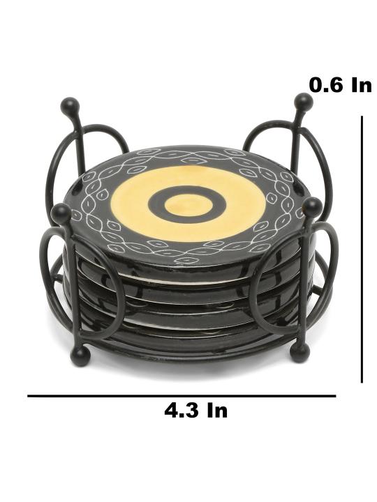Shilpkara Concentirc Circles Handpainted Coffee and Tea Coasters for Office with Stand (Set of 4, Ceramic) - Coasters for Coffee Table Wooden Coasters for Home Set of 4 Dining Table Coasters