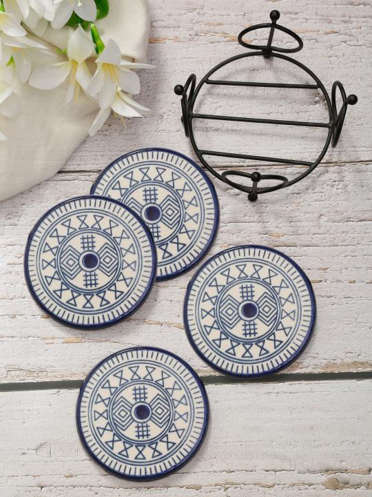Shilpkara Pentacle Puzzle Handpainted Coffee and Tea Coasters for Office with Stand (Set of 4, Ceramic) - Coasters for Coffee Table Wooden Coasters for Home Set of 4 Dining Table Coasters