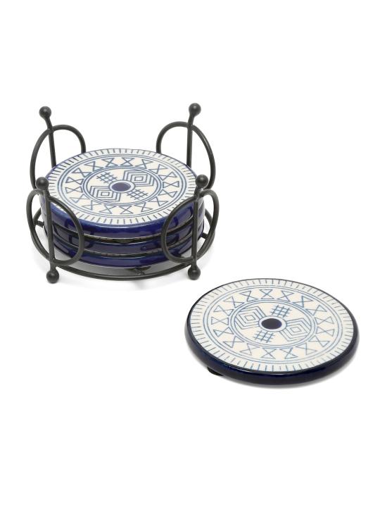 Shilpkara Pentacle Puzzle Handpainted Coffee and Tea Coasters for Office with Stand (Set of 4, Ceramic) - Coasters for Coffee Table Wooden Coasters for Home Set of 4 Dining Table Coasters