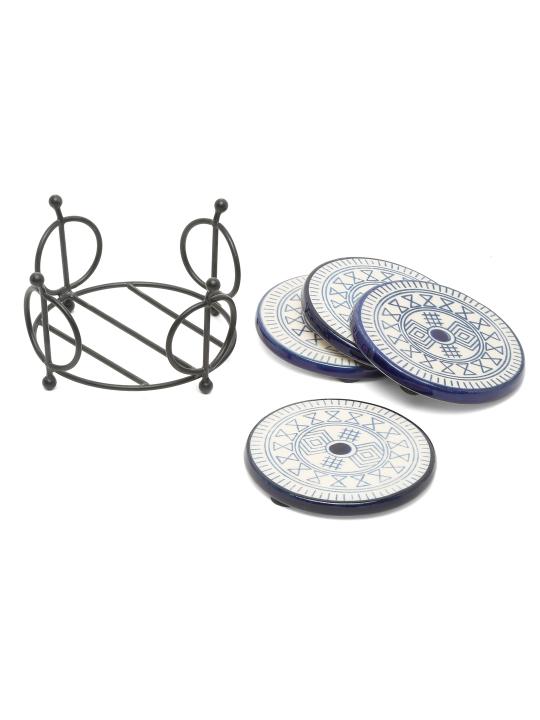 Shilpkara Pentacle Puzzle Handpainted Coffee and Tea Coasters for Office with Stand (Set of 4, Ceramic) - Coasters for Coffee Table Wooden Coasters for Home Set of 4 Dining Table Coasters