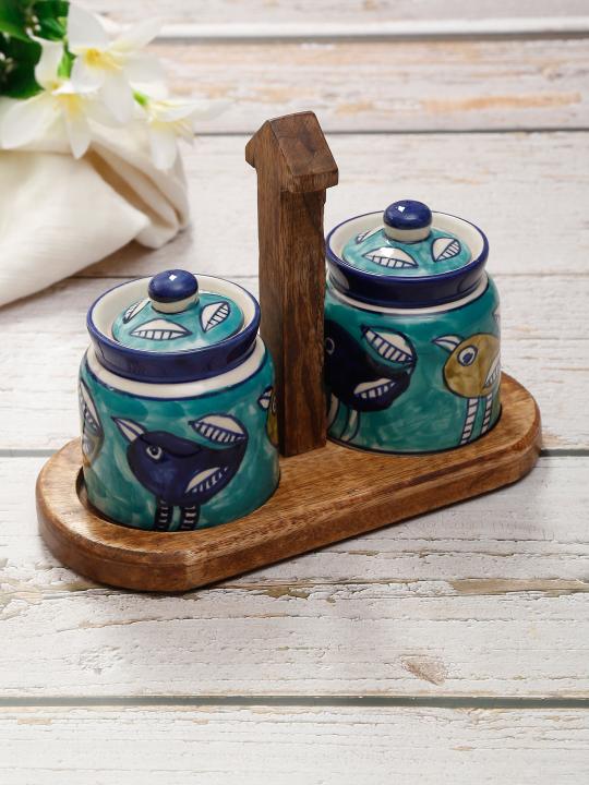 Shilpkara Feathered Sparrows Handpainted Multipurpose Storage Ceramic Jars & Containers with Wooden Stand (Non-Airtight, Set of 2) - Ceramic Jars for Kitchen Storage Snacks Jar