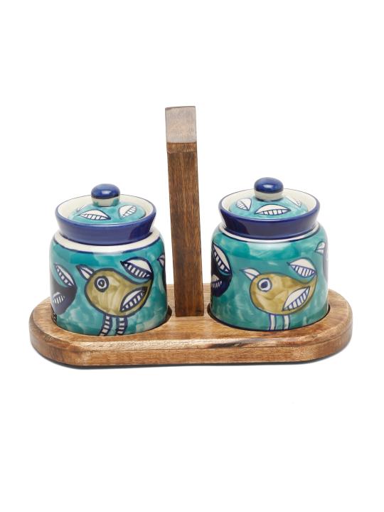 Shilpkara Feathered Sparrows Handpainted Multipurpose Storage Ceramic Jars & Containers with Wooden Stand (Non-Airtight, Set of 2) - Ceramic Jars for Kitchen Storage Snacks Jar