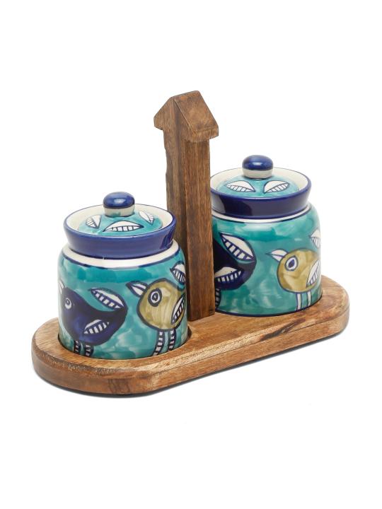 Shilpkara Feathered Sparrows Handpainted Multipurpose Storage Ceramic Jars & Containers with Wooden Stand (Non-Airtight, Set of 2) - Ceramic Jars for Kitchen Storage Snacks Jar