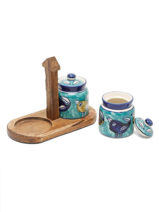 Shilpkara Feathered Sparrows Handpainted Multipurpose Storage Ceramic Jars & Containers with Wooden Stand (Non-Airtight, Set of 2) - Ceramic Jars for Kitchen Storage Snacks Jar
