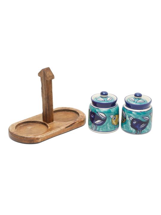 Shilpkara Feathered Sparrows Handpainted Multipurpose Storage Ceramic Jars & Containers with Wooden Stand (Non-Airtight, Set of 2) - Ceramic Jars for Kitchen Storage Snacks Jar